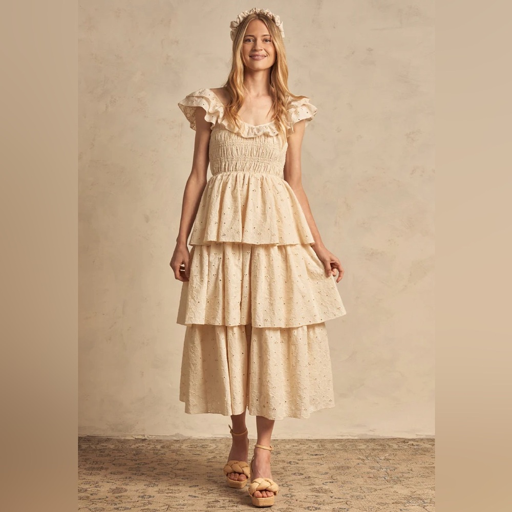 Rylee + Cru Cream Tiered Eyelet Midi Dress